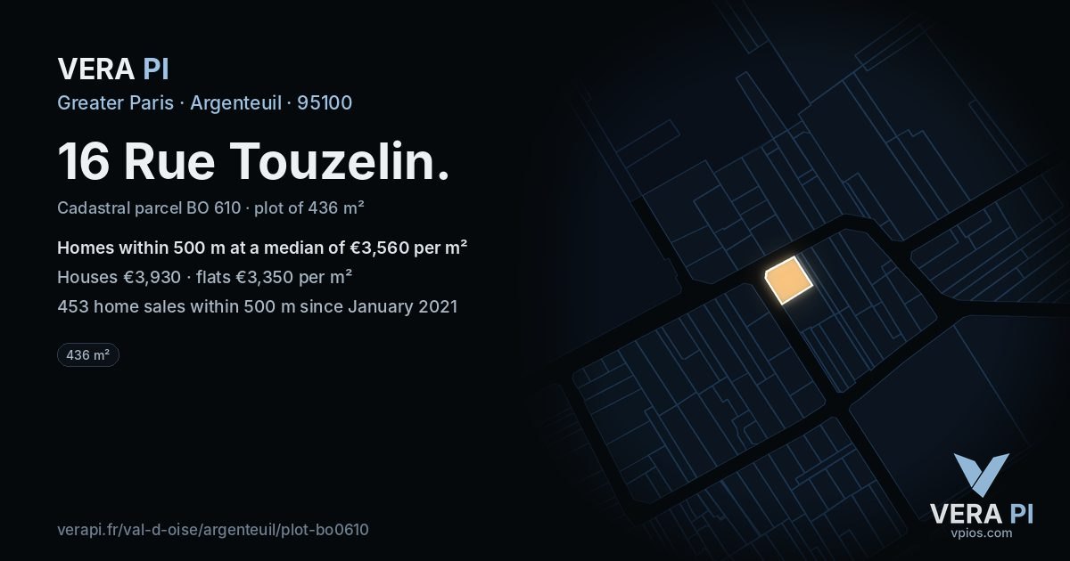 16 Rue Touzelin, Argenteuil at night – the plot lit, the parcels around coloured by the prices near them