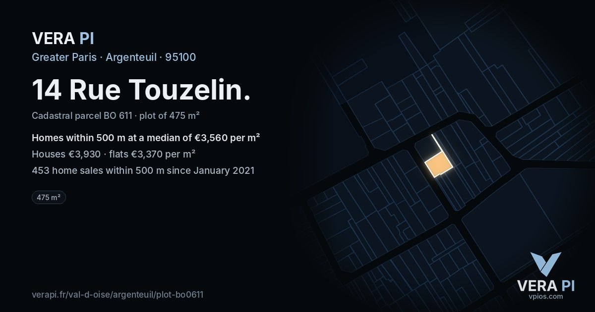 14 Rue Touzelin, Argenteuil at night – the plot lit, the parcels around coloured by the prices near them
