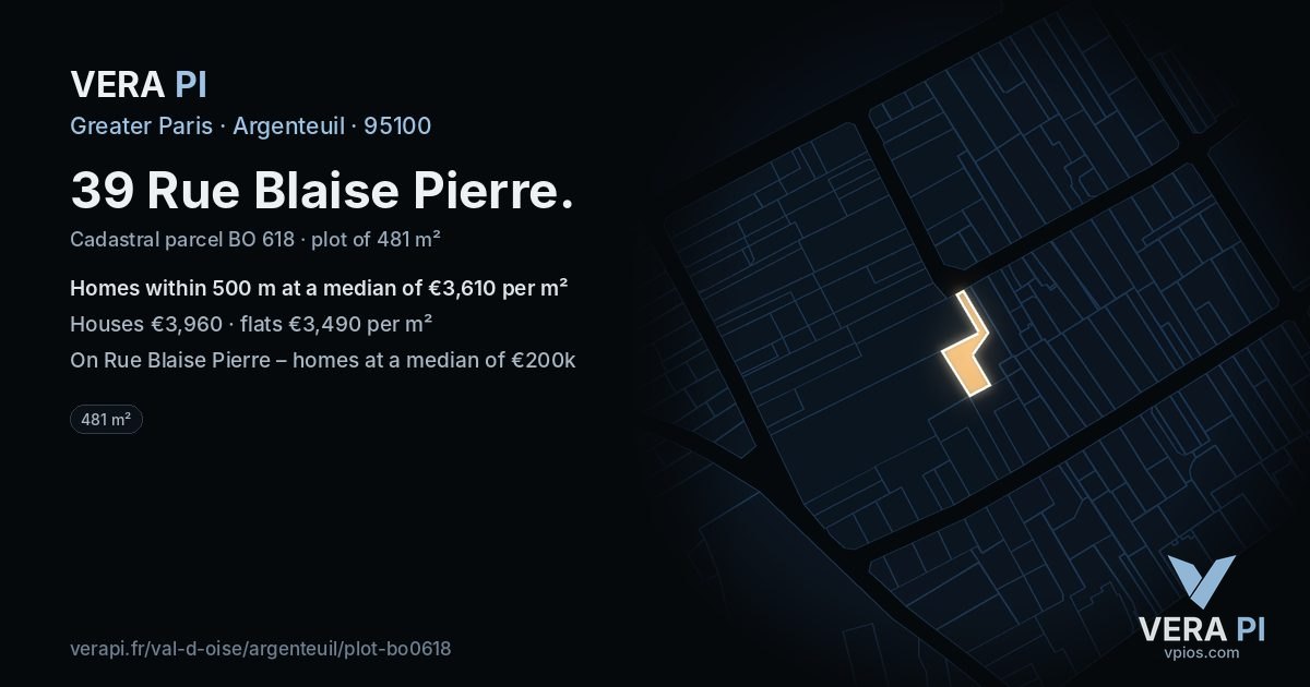 39 Rue Blaise Pierre, Argenteuil at night – the plot lit, the parcels around coloured by the prices near them