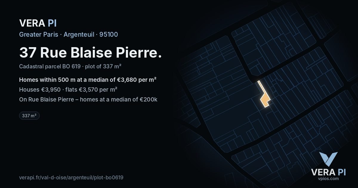 37 Rue Blaise Pierre, Argenteuil at night – the plot lit, the parcels around coloured by the prices near them