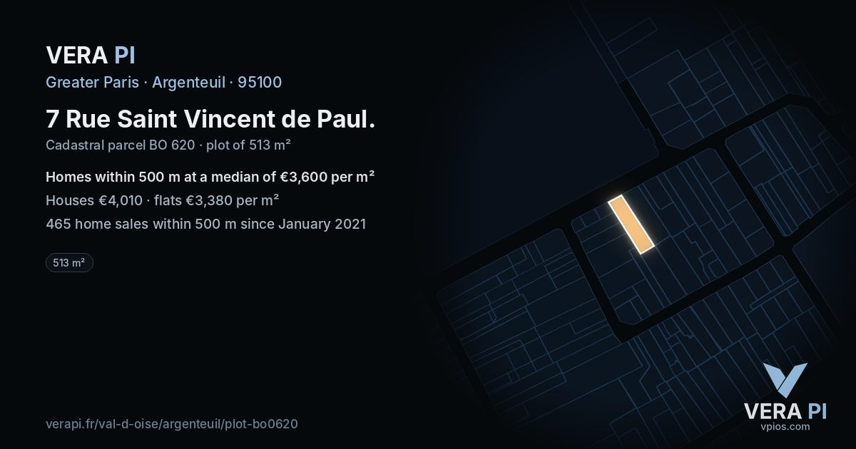 7 Rue Saint Vincent de Paul, Argenteuil at night – the plot lit, the parcels around coloured by the prices near them