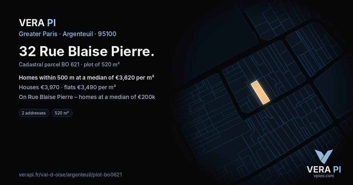 32 Rue Blaise Pierre, Argenteuil at night – the plot lit, the parcels around coloured by the prices near them