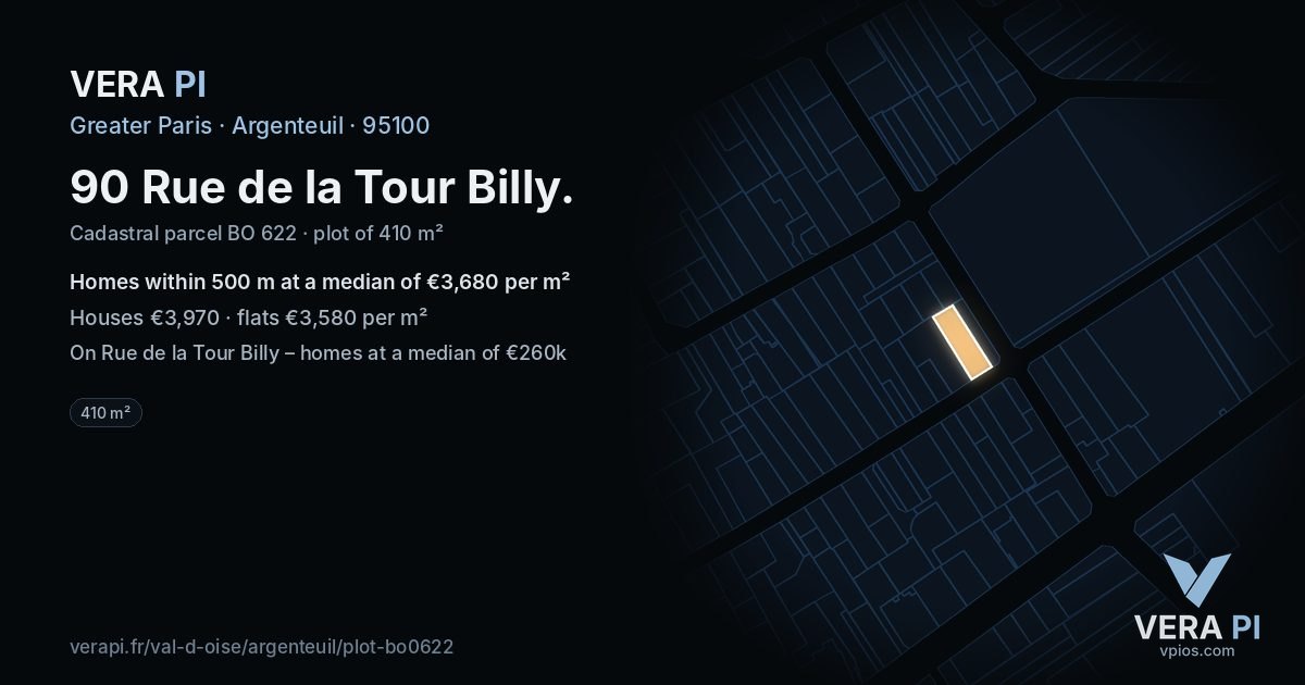 90 Rue de la Tour Billy, Argenteuil at night – the plot lit, the parcels around coloured by the prices near them
