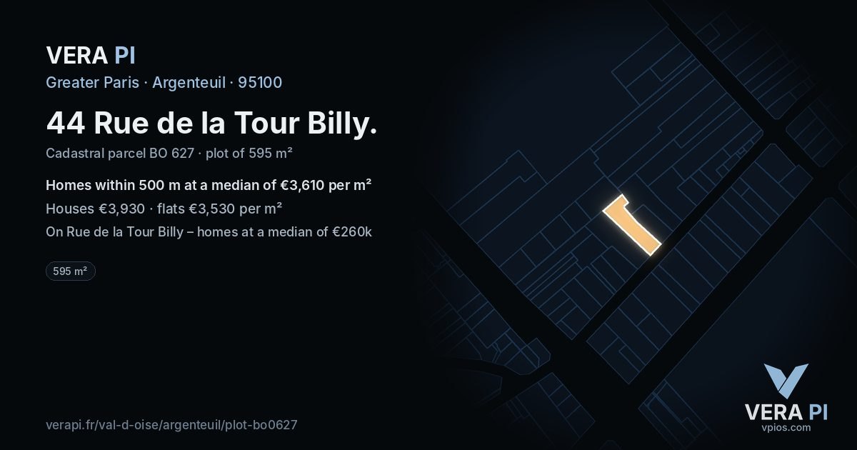 44 Rue de la Tour Billy, Argenteuil at night – the plot lit, the parcels around coloured by the prices near them