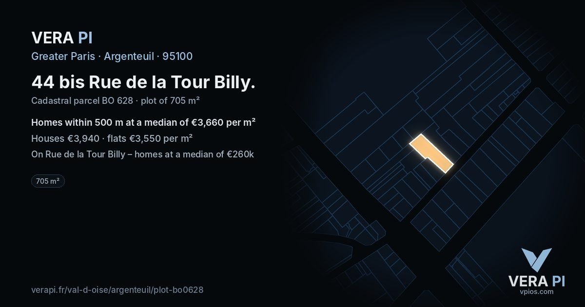 44 bis Rue de la Tour Billy, Argenteuil at night – the plot lit, the parcels around coloured by the prices near them