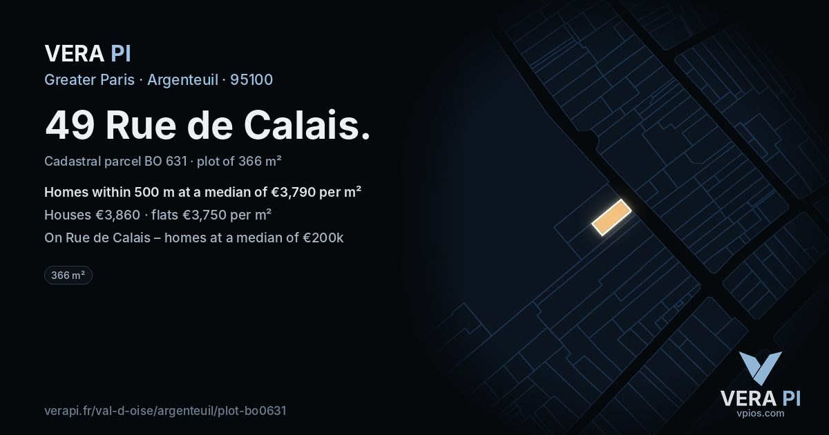 49 Rue de Calais, Argenteuil at night – the plot lit, the parcels around coloured by the prices near them