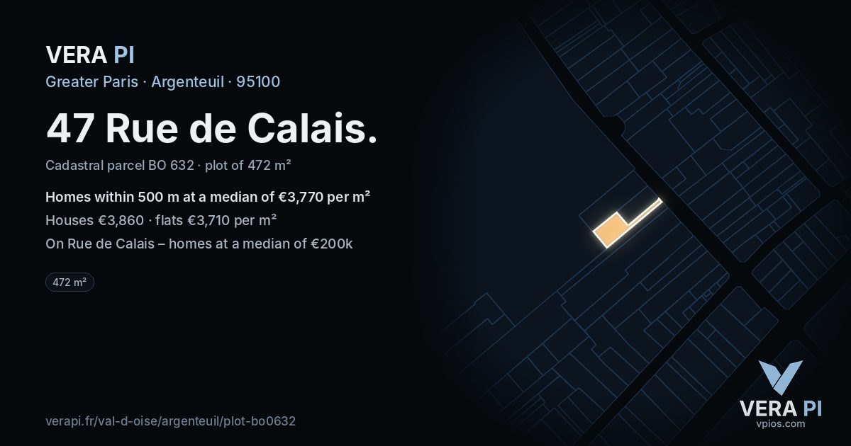 47 Rue de Calais, Argenteuil at night – the plot lit, the parcels around coloured by the prices near them