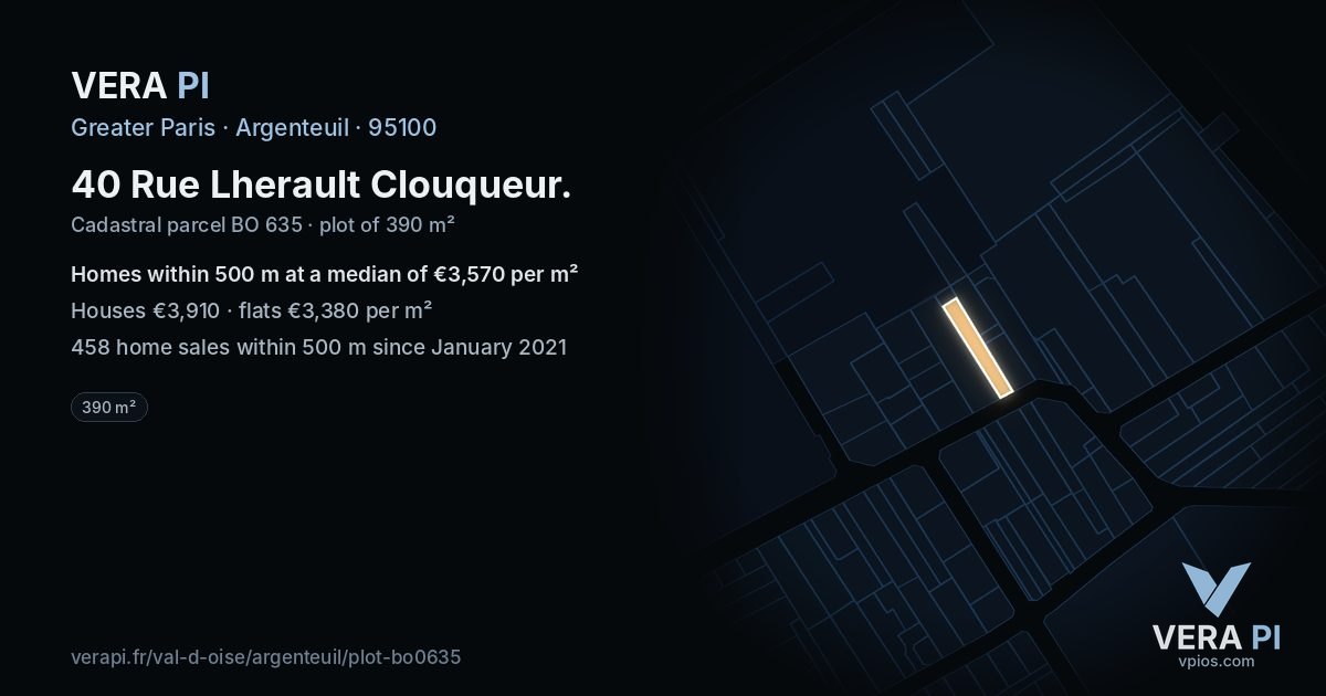 40 Rue Lherault Clouqueur, Argenteuil at night – the plot lit, the parcels around coloured by the prices near them