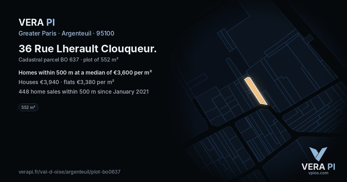 36 Rue Lherault Clouqueur, Argenteuil at night – the plot lit, the parcels around coloured by the prices near them