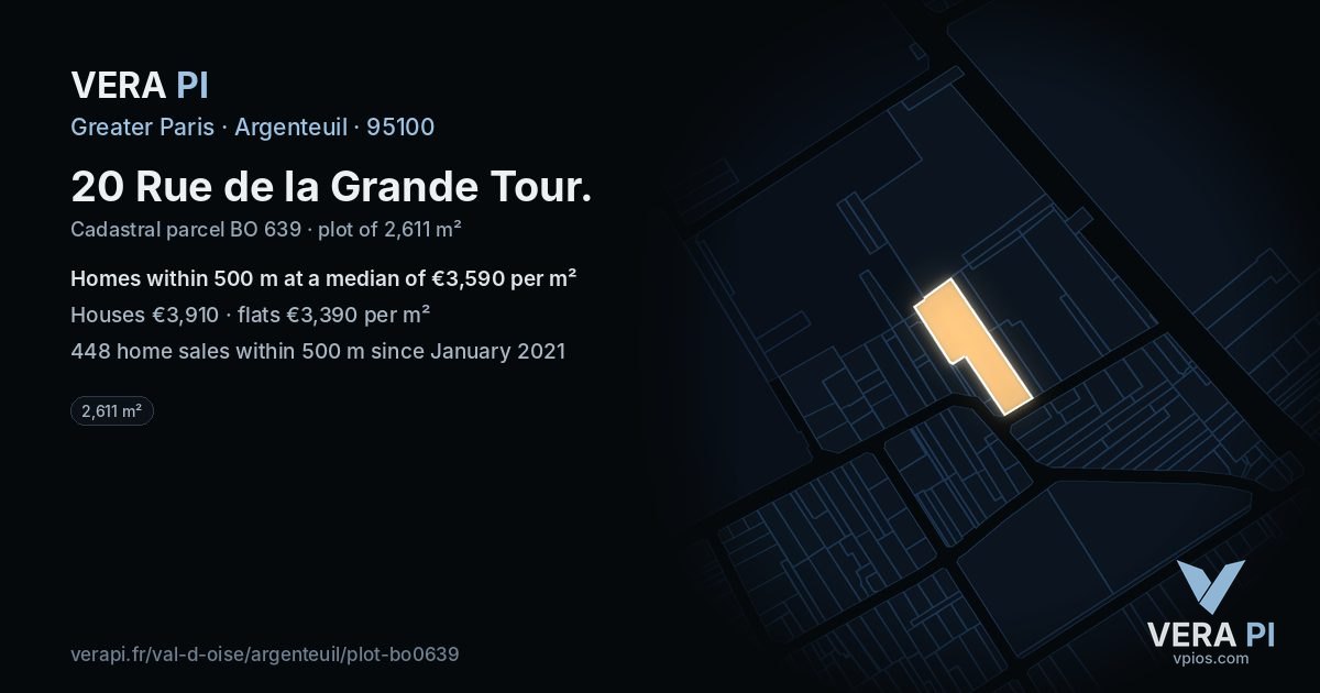 20 Rue de la Grande Tour, Argenteuil at night – the plot lit, the parcels around coloured by the prices near them