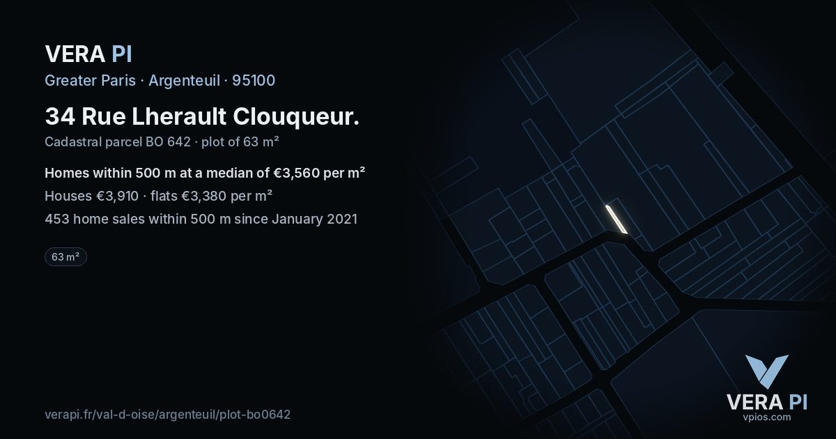34 Rue Lherault Clouqueur, Argenteuil at night – the plot lit, the parcels around coloured by the prices near them