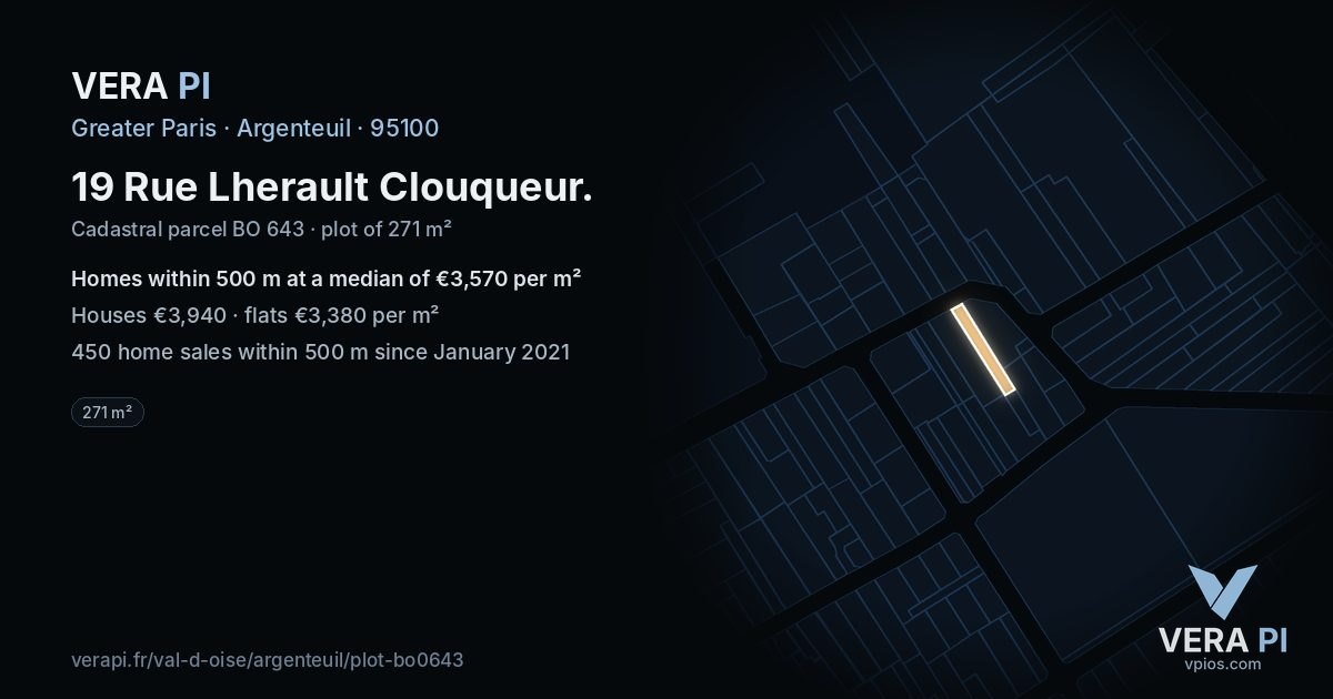 19 Rue Lherault Clouqueur, Argenteuil at night – the plot lit, the parcels around coloured by the prices near them