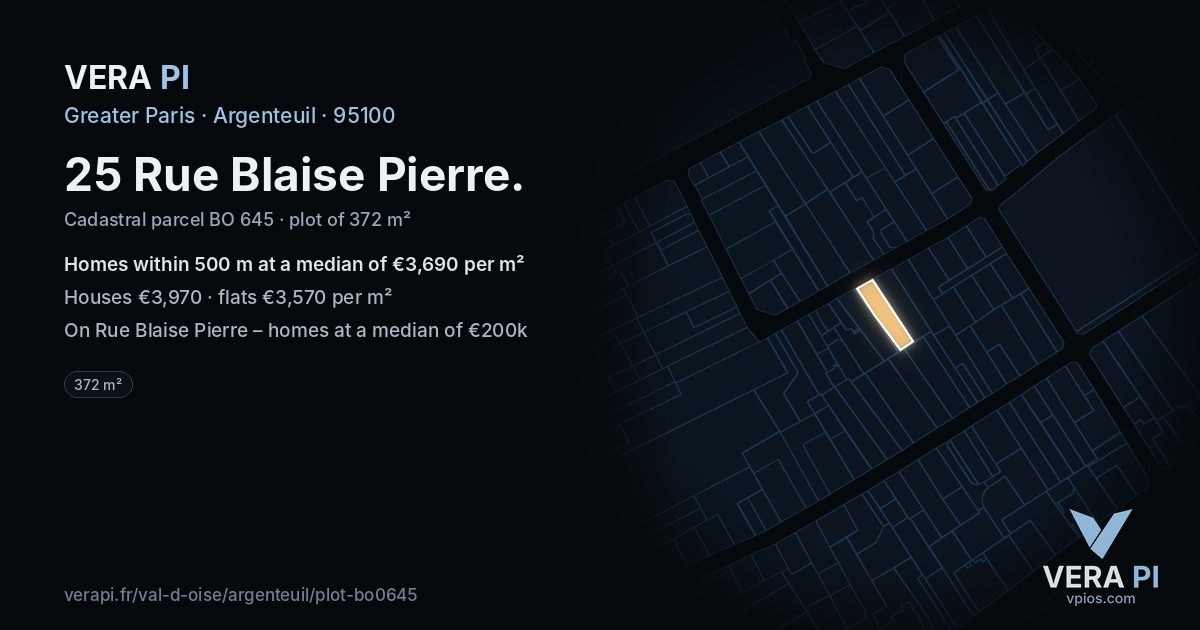25 Rue Blaise Pierre, Argenteuil at night – the plot lit, the parcels around coloured by the prices near them