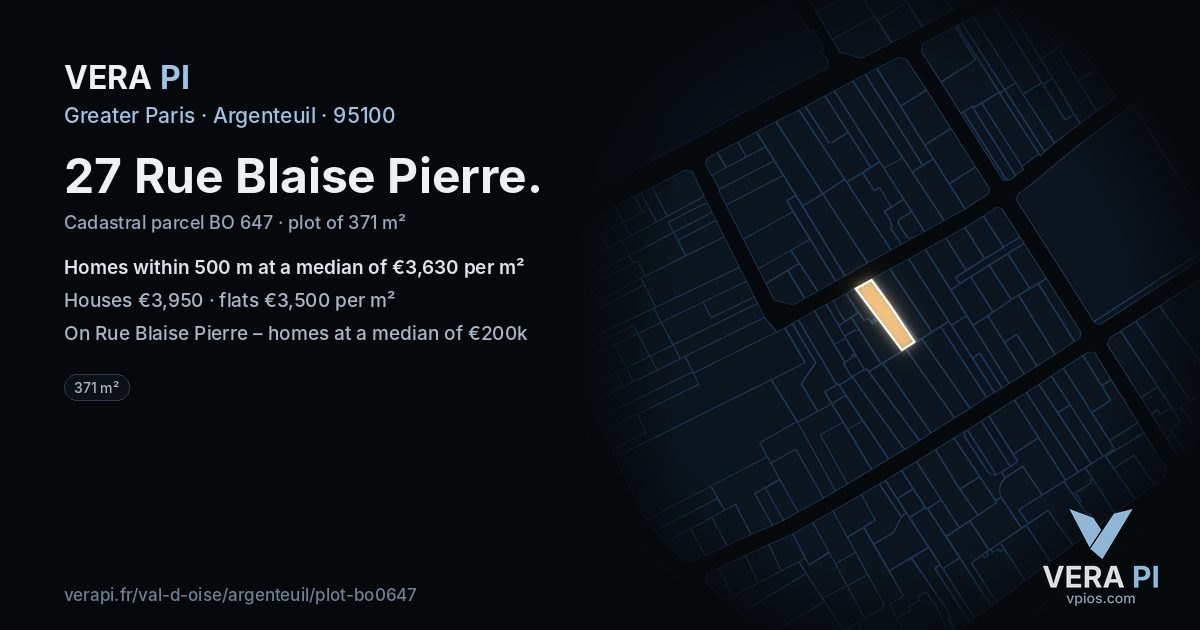 27 Rue Blaise Pierre, Argenteuil at night – the plot lit, the parcels around coloured by the prices near them