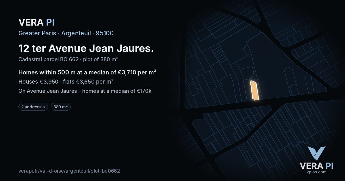 12 ter Avenue Jean Jaures, Argenteuil at night – the plot lit, the parcels around coloured by the prices near them