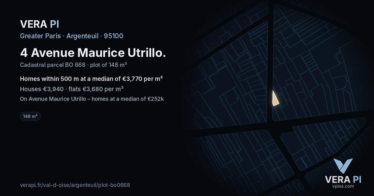 4 Avenue Maurice Utrillo, Argenteuil at night – the plot lit, the parcels around coloured by the prices near them