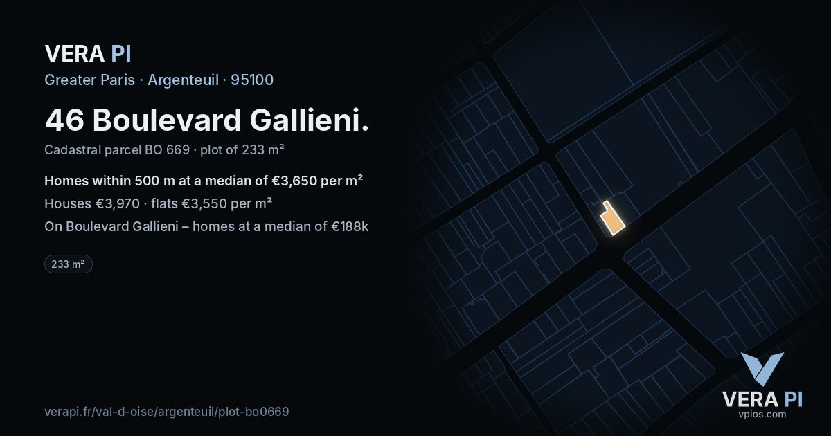 46 Boulevard Gallieni, Argenteuil at night – the plot lit, the parcels around coloured by the prices near them