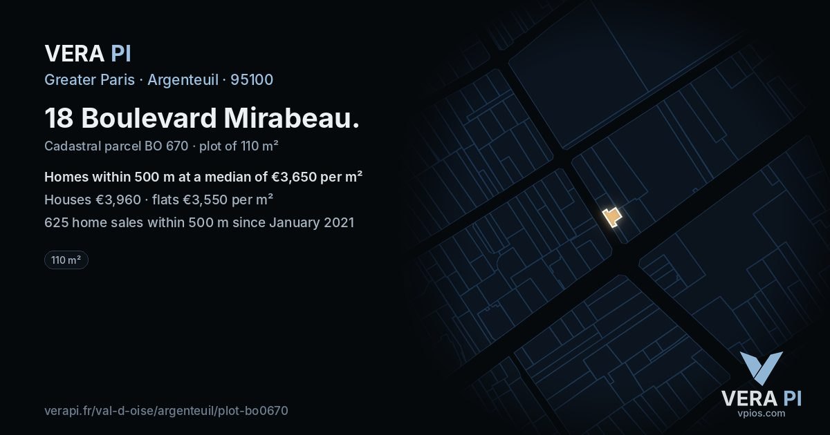 18 Boulevard Mirabeau, Argenteuil at night – the plot lit, the parcels around coloured by the prices near them