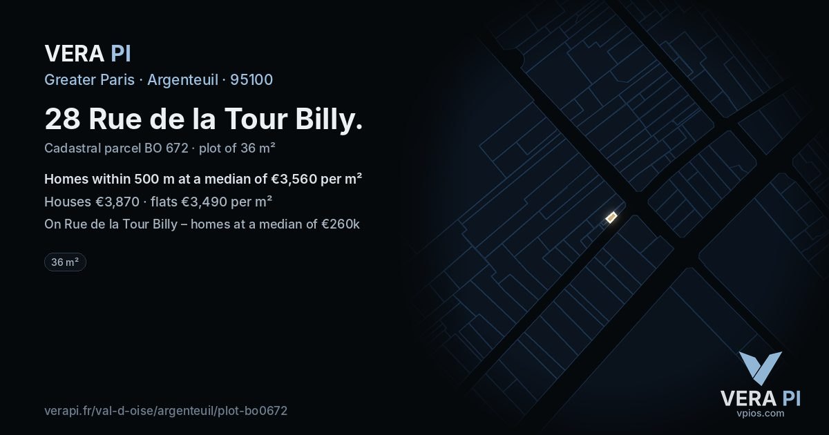 28 Rue de la Tour Billy, Argenteuil at night – the plot lit, the parcels around coloured by the prices near them