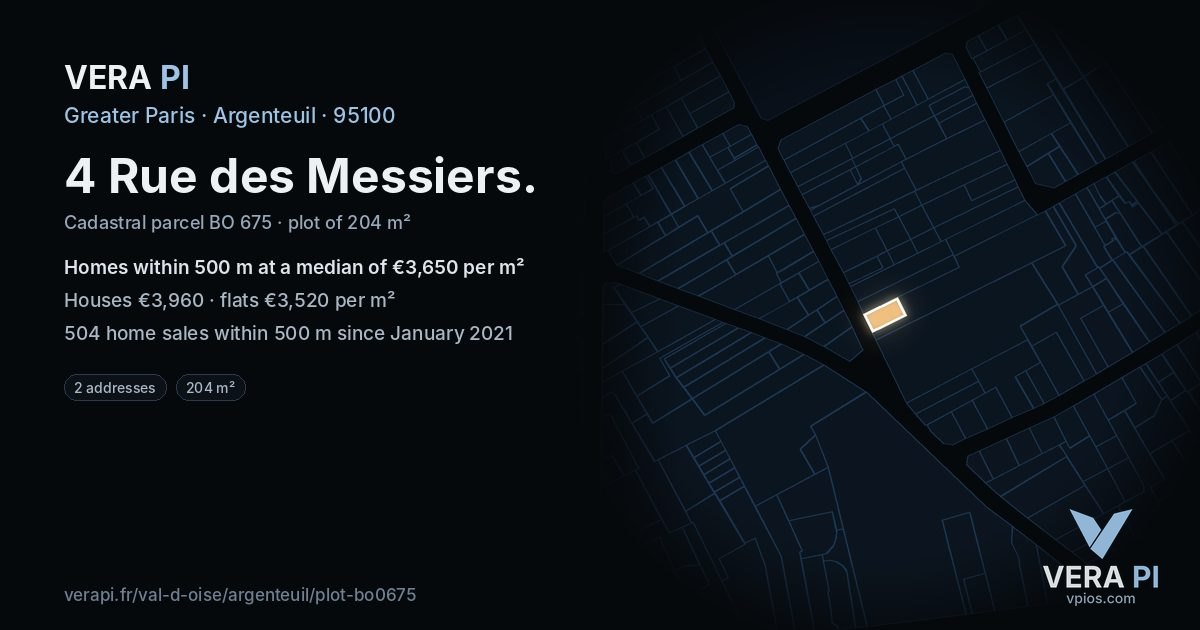 4 Rue des Messiers, Argenteuil at night – the plot lit, the parcels around coloured by the prices near them