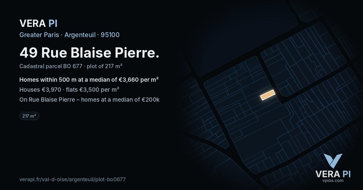 49 Rue Blaise Pierre, Argenteuil at night – the plot lit, the parcels around coloured by the prices near them