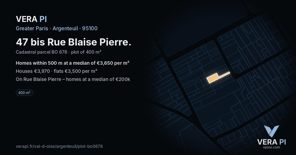 47 bis Rue Blaise Pierre, Argenteuil at night – the plot lit, the parcels around coloured by the prices near them
