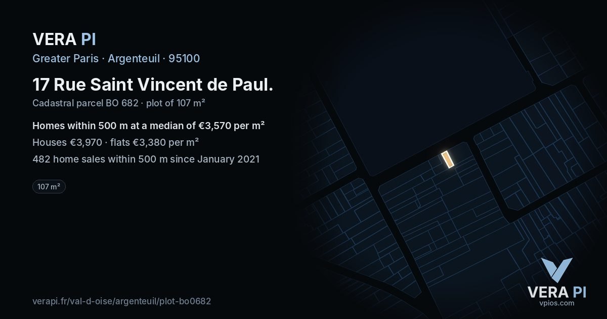 17 Rue Saint Vincent de Paul, Argenteuil at night – the plot lit, the parcels around coloured by the prices near them