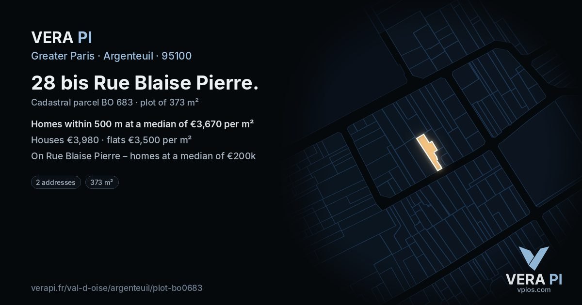 28 bis Rue Blaise Pierre, Argenteuil at night – the plot lit, the parcels around coloured by the prices near them