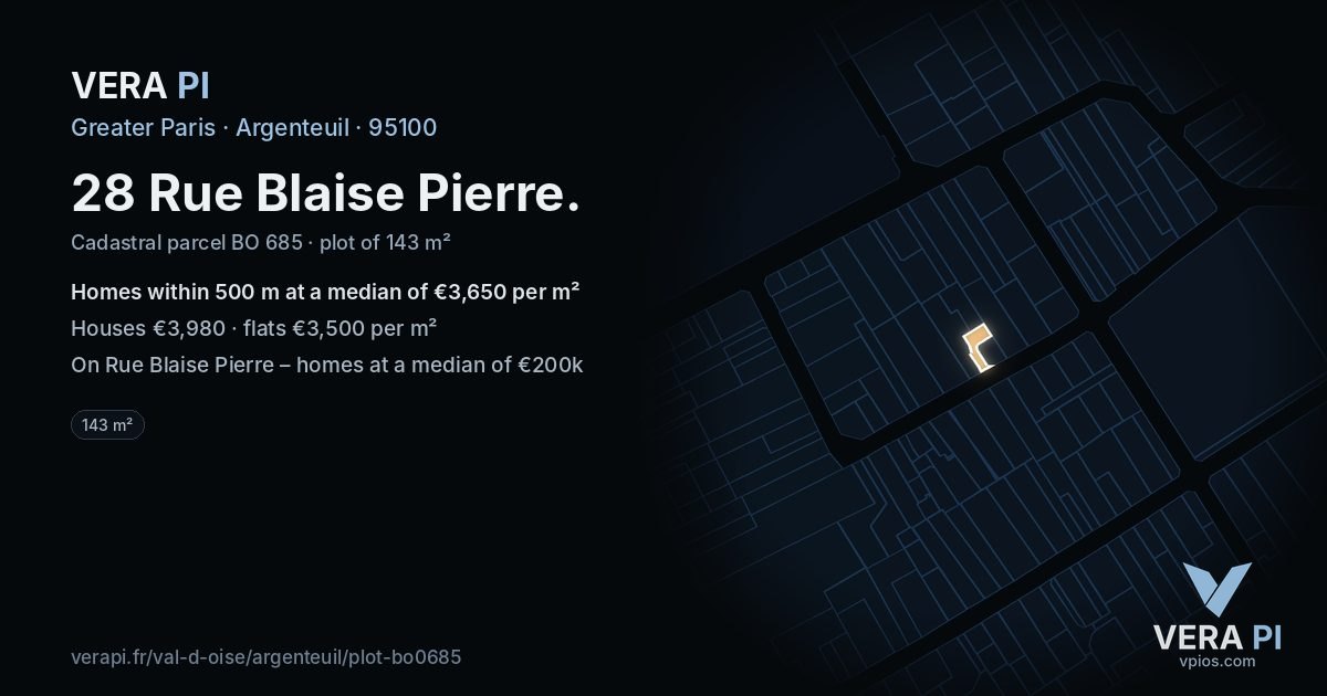 28 Rue Blaise Pierre, Argenteuil at night – the plot lit, the parcels around coloured by the prices near them