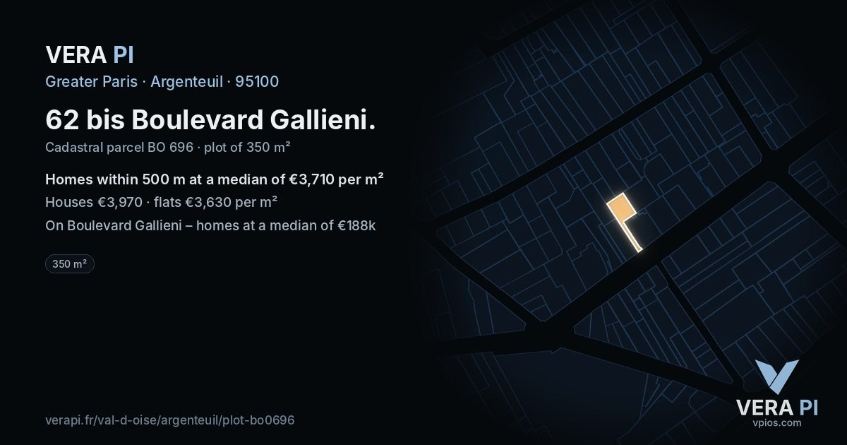 62 bis Boulevard Gallieni, Argenteuil at night – the plot lit, the parcels around coloured by the prices near them