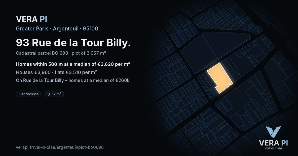 93 Rue de la Tour Billy, Argenteuil at night – the plot lit, the parcels around coloured by the prices near them