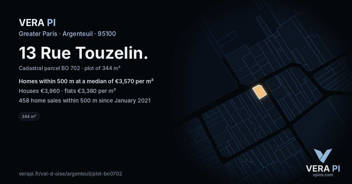13 Rue Touzelin, Argenteuil at night – the plot lit, the parcels around coloured by the prices near them