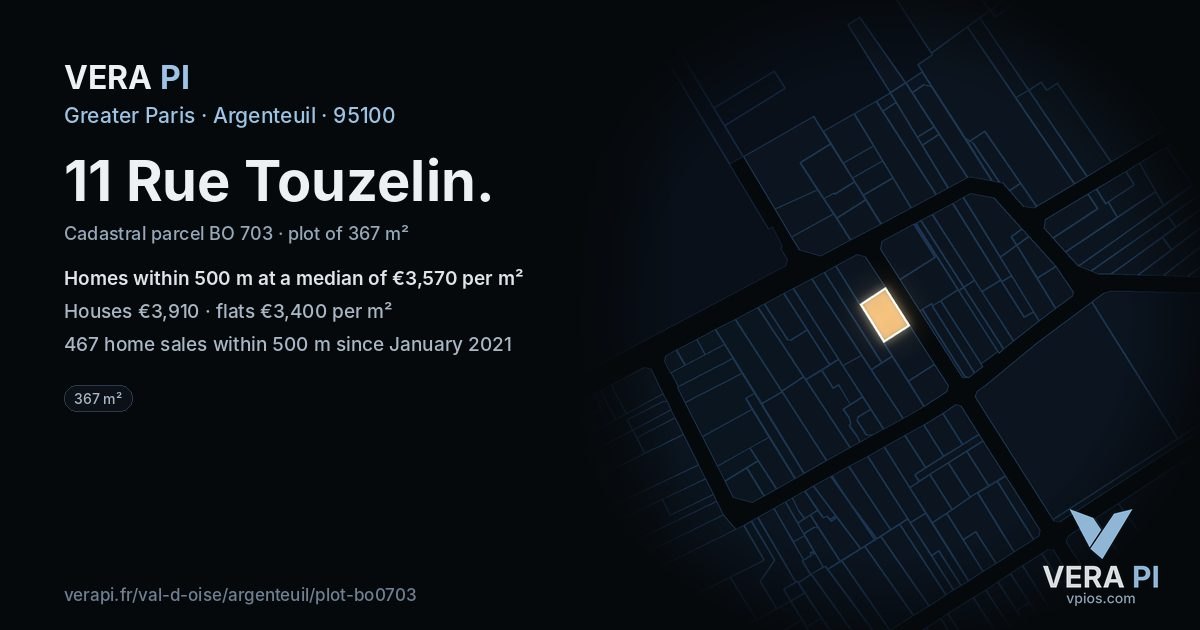 11 Rue Touzelin, Argenteuil at night – the plot lit, the parcels around coloured by the prices near them