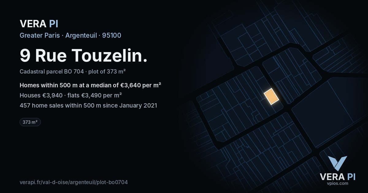9 Rue Touzelin, Argenteuil at night – the plot lit, the parcels around coloured by the prices near them