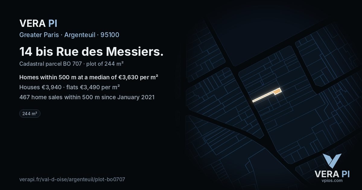 14 bis Rue des Messiers, Argenteuil at night – the plot lit, the parcels around coloured by the prices near them