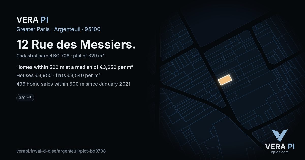 12 Rue des Messiers, Argenteuil at night – the plot lit, the parcels around coloured by the prices near them