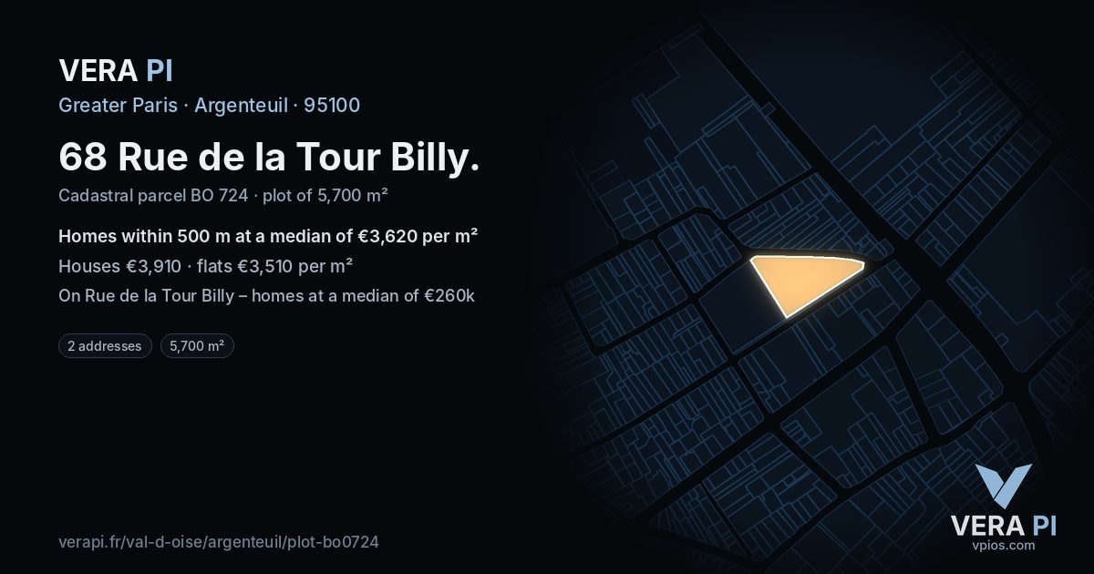 68 Rue de la Tour Billy, Argenteuil at night – the plot lit, the parcels around coloured by the prices near them