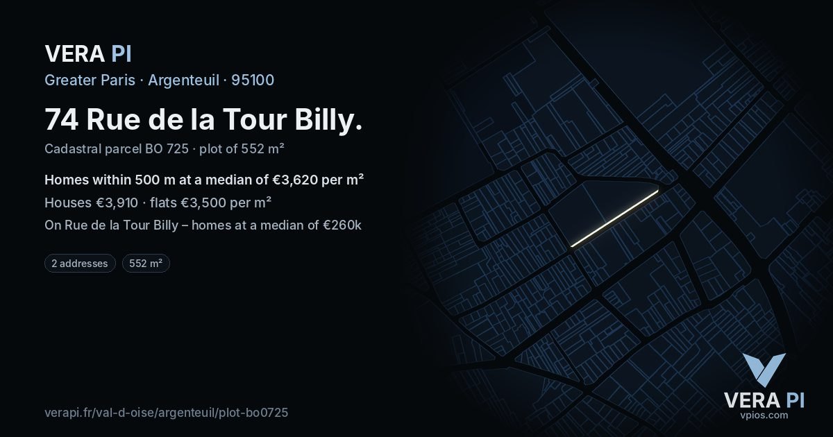 74 Rue de la Tour Billy, Argenteuil at night – the plot lit, the parcels around coloured by the prices near them