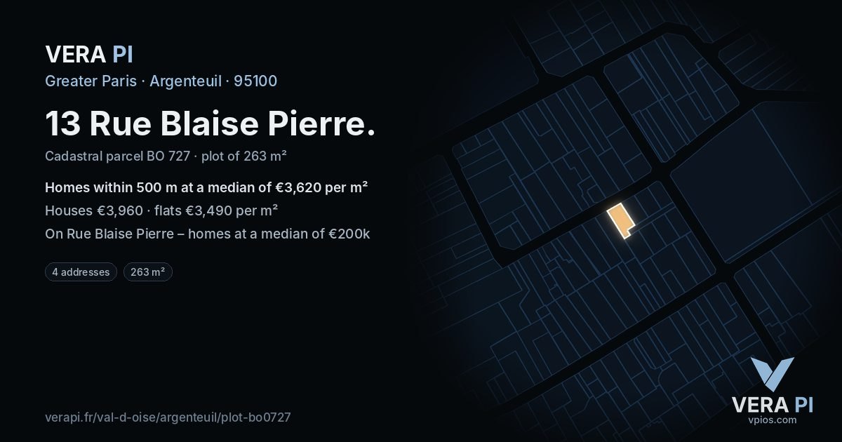 13 Rue Blaise Pierre, Argenteuil at night – the plot lit, the parcels around coloured by the prices near them