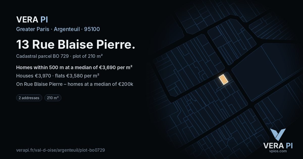 13 Rue Blaise Pierre, Argenteuil at night – the plot lit, the parcels around coloured by the prices near them