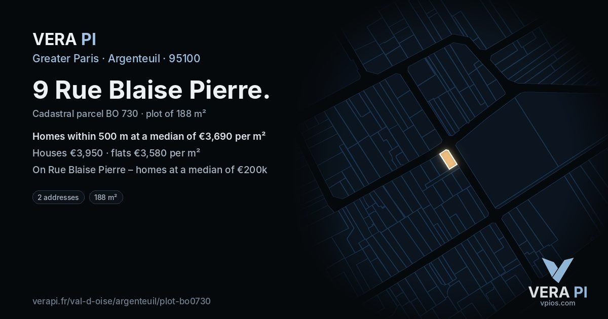 9 Rue Blaise Pierre, Argenteuil at night – the plot lit, the parcels around coloured by the prices near them