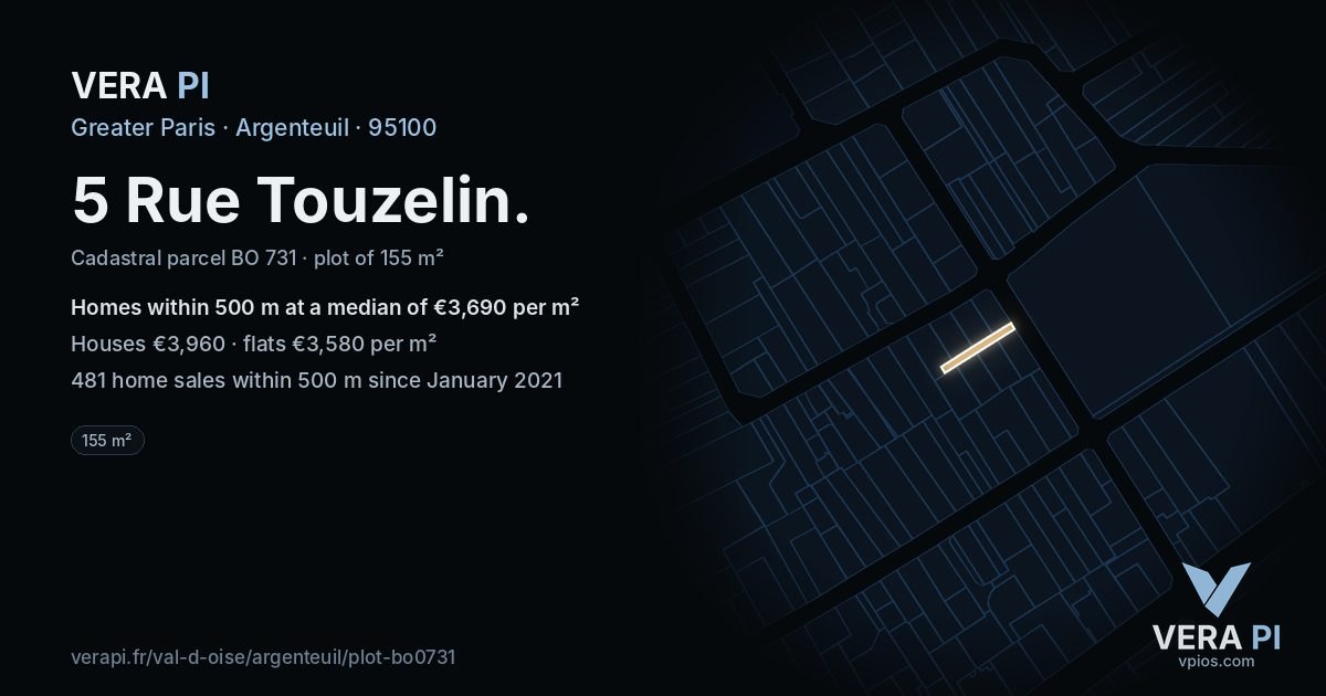 5 Rue Touzelin, Argenteuil at night – the plot lit, the parcels around coloured by the prices near them