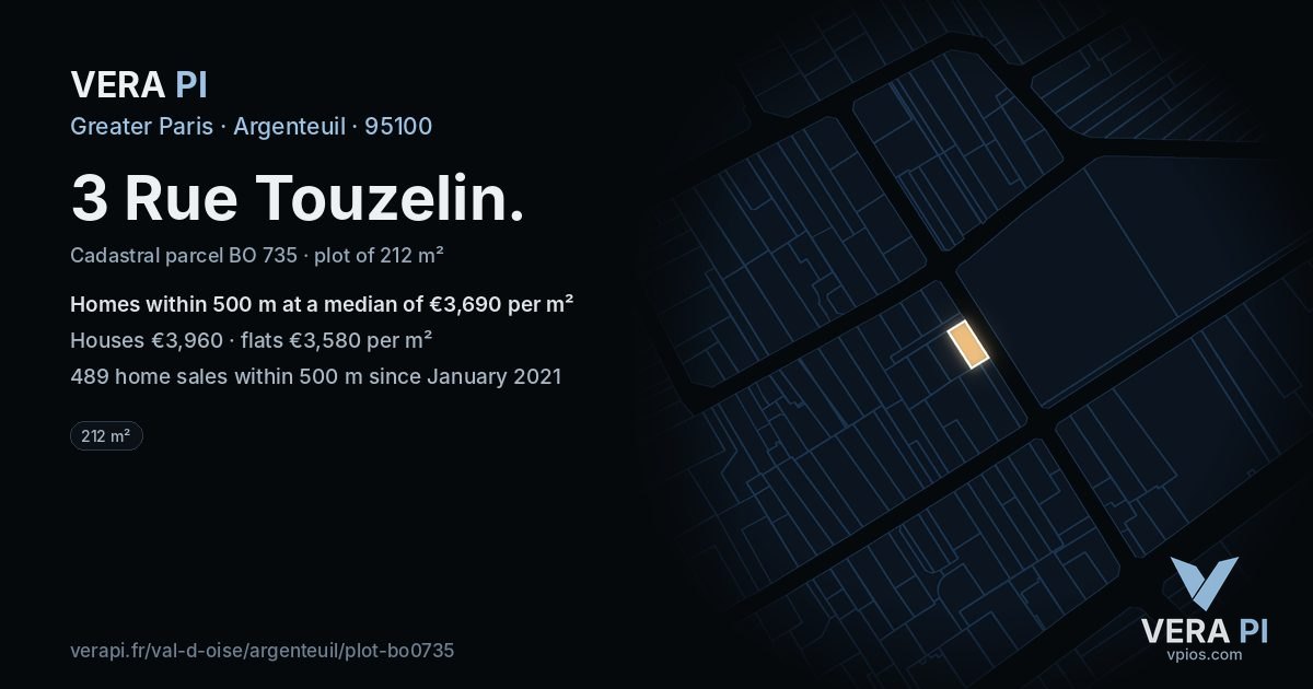 3 Rue Touzelin, Argenteuil at night – the plot lit, the parcels around coloured by the prices near them