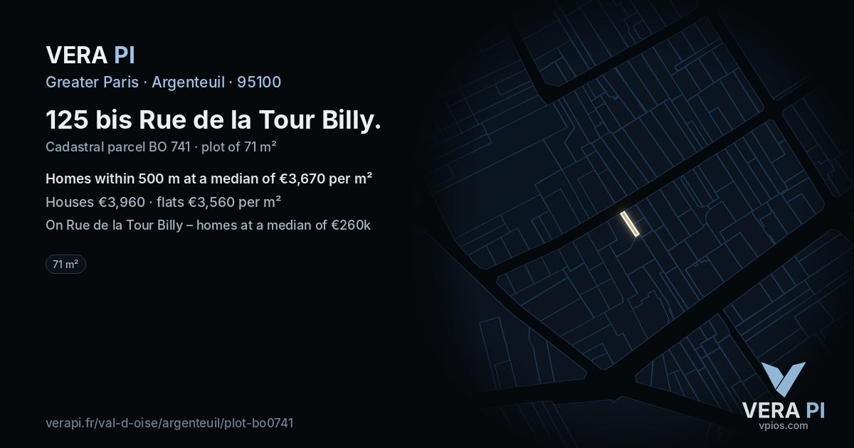 125 bis Rue de la Tour Billy, Argenteuil at night – the plot lit, the parcels around coloured by the prices near them