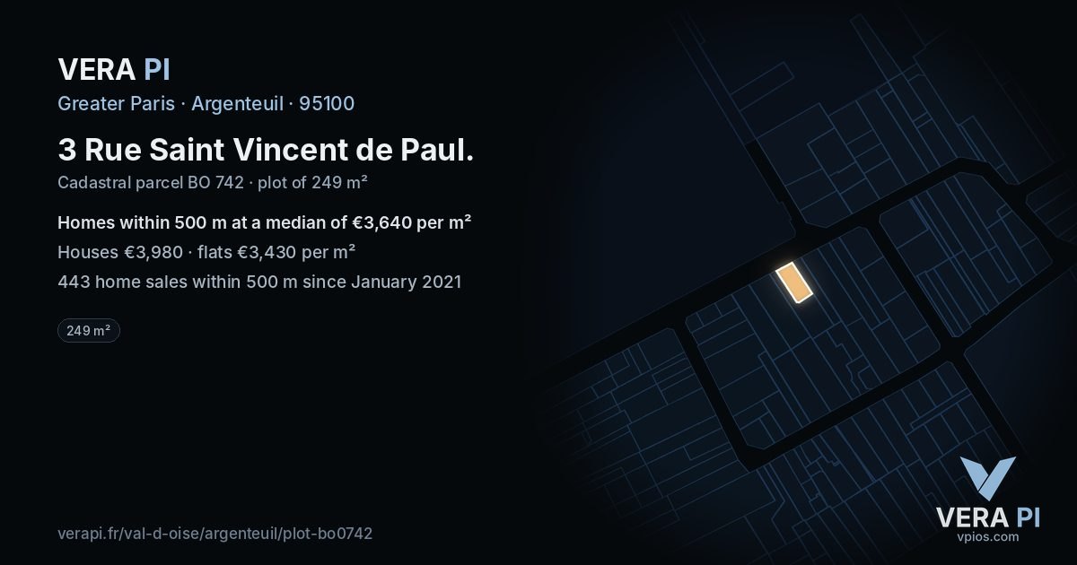 3 Rue Saint Vincent de Paul, Argenteuil at night – the plot lit, the parcels around coloured by the prices near them