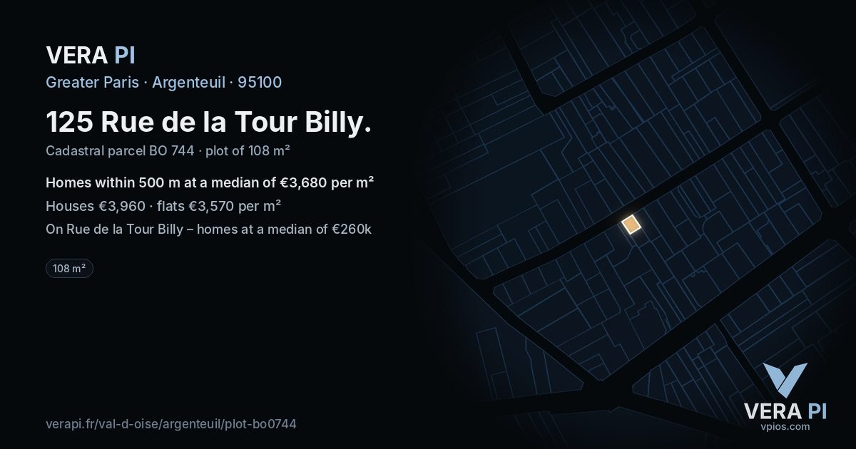 125 Rue de la Tour Billy, Argenteuil at night – the plot lit, the parcels around coloured by the prices near them