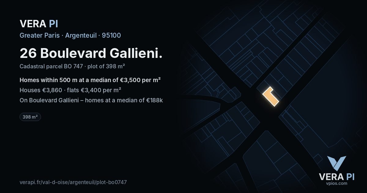 26 Boulevard Gallieni, Argenteuil at night – the plot lit, the parcels around coloured by the prices near them