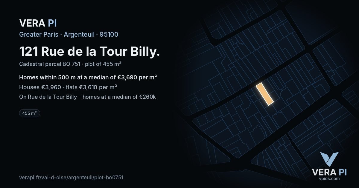 121 Rue de la Tour Billy, Argenteuil at night – the plot lit, the parcels around coloured by the prices near them