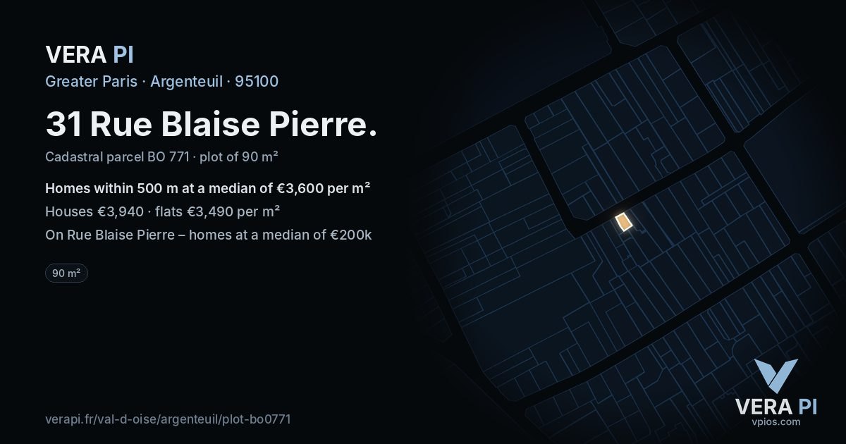 31 Rue Blaise Pierre, Argenteuil at night – the plot lit, the parcels around coloured by the prices near them
