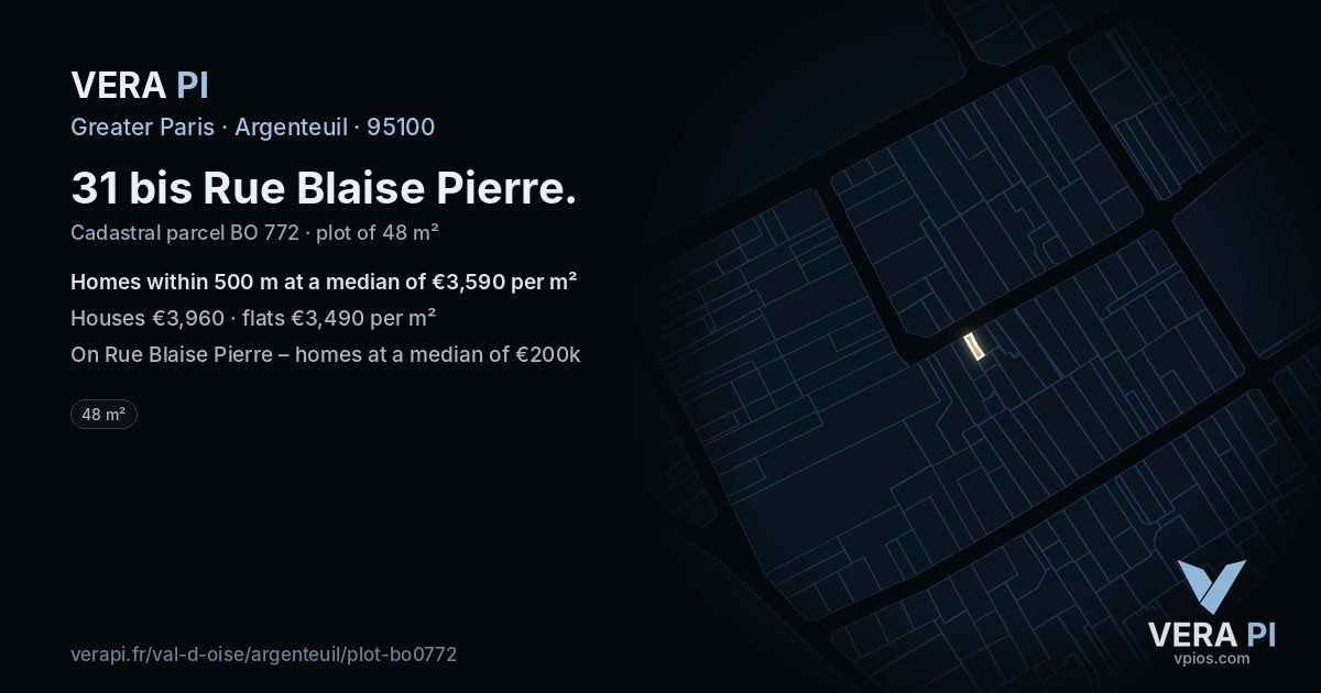 31 bis Rue Blaise Pierre, Argenteuil at night – the plot lit, the parcels around coloured by the prices near them